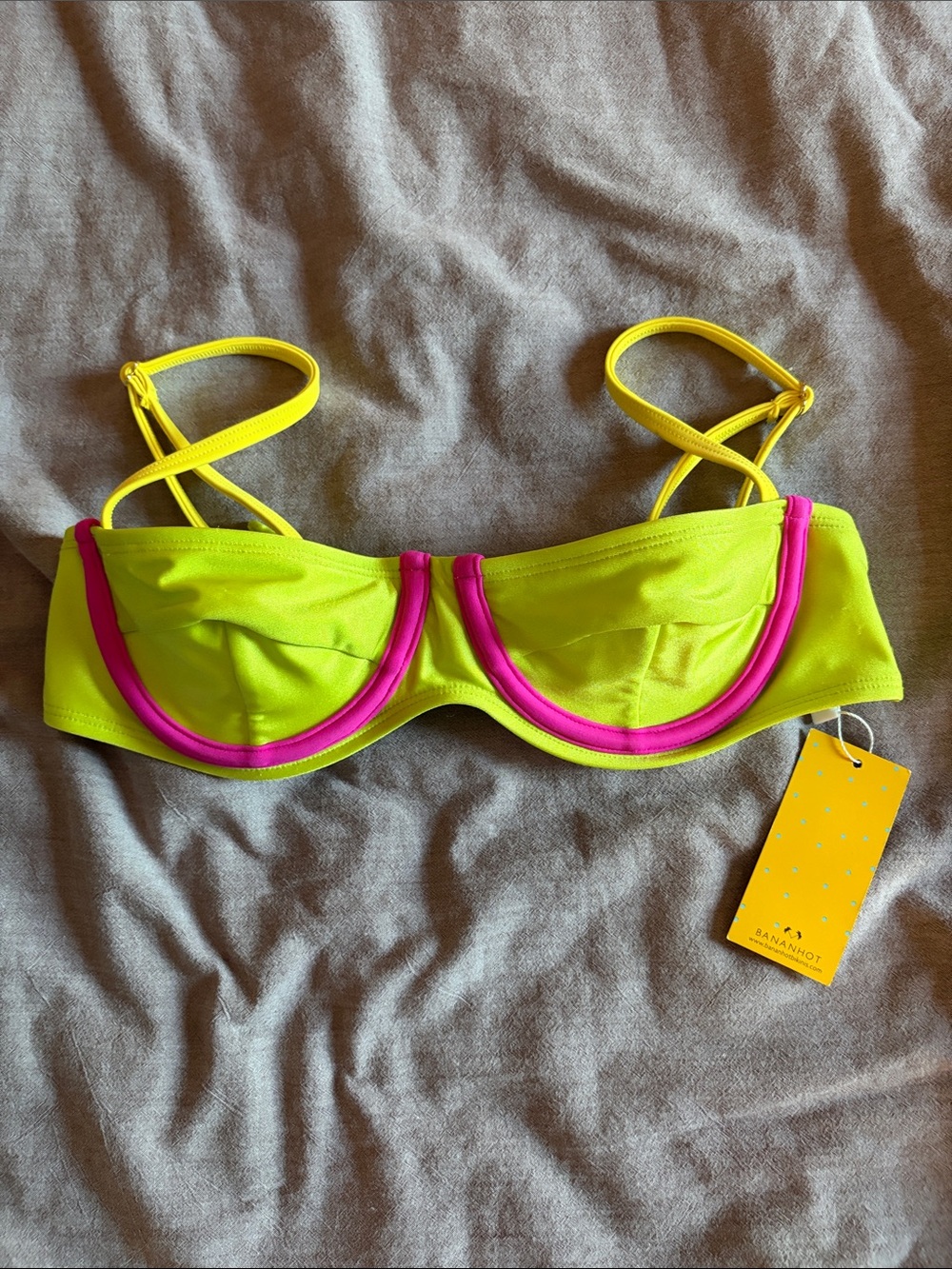 Neon Yellow Underwire Bikini Top with Pink Trim